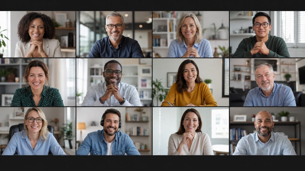 Grid of twelve people participating in a video conference, each shown in a separate window from home or office environments. Participants are seated facing their cameras, with bookshelves, plants, desks, and windows visible in the background, representing a remote team meeting or online collaboration session.
