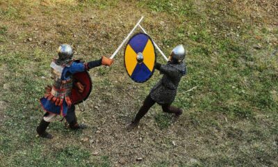two knights fighting with swords
