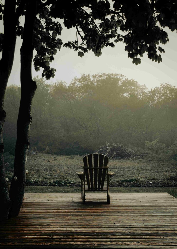 Single wooden chair positioned on a deck beneath overhanging tree branches, overlooking a misty woodland clearing in soft morning light.